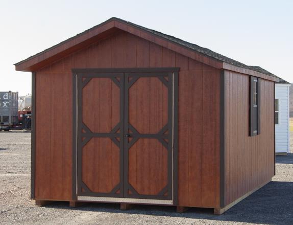 10x16 Front Entry Peak Storage Shed with Redwood Siding from Pine Creek Structures