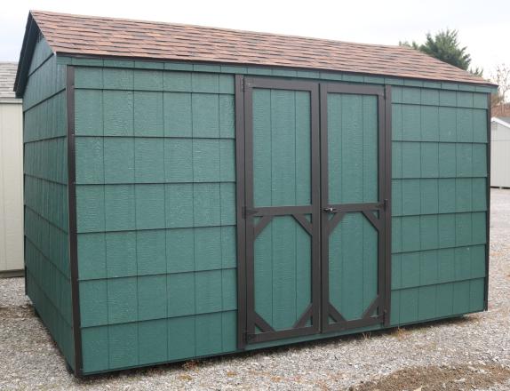 Pine Creek 8x12 Peak Cut Lap with Hunter Green walls, Black trim and, Brown shingles